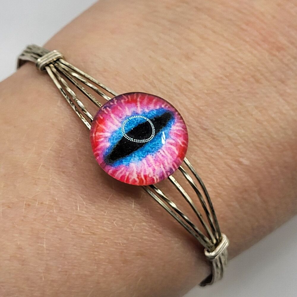 Dainty Sterling Silver Brebitz Pink Cat Dragon Snake Eye Bracelet 2.5in dia